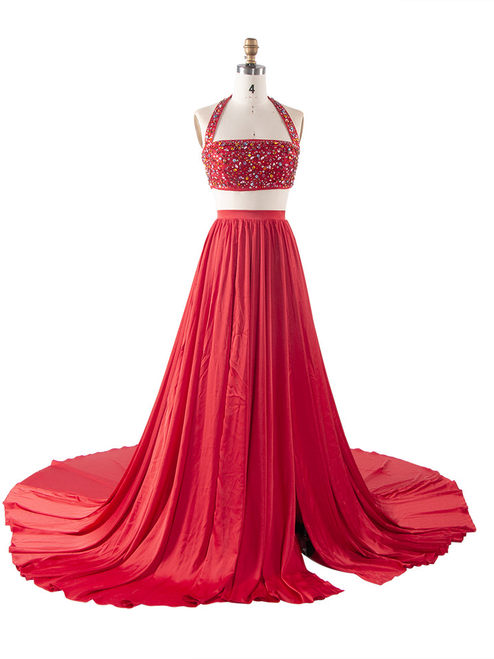 Orange Two-piece Gown Beaded Evening Gown Birthday Outfit Dress YW260233