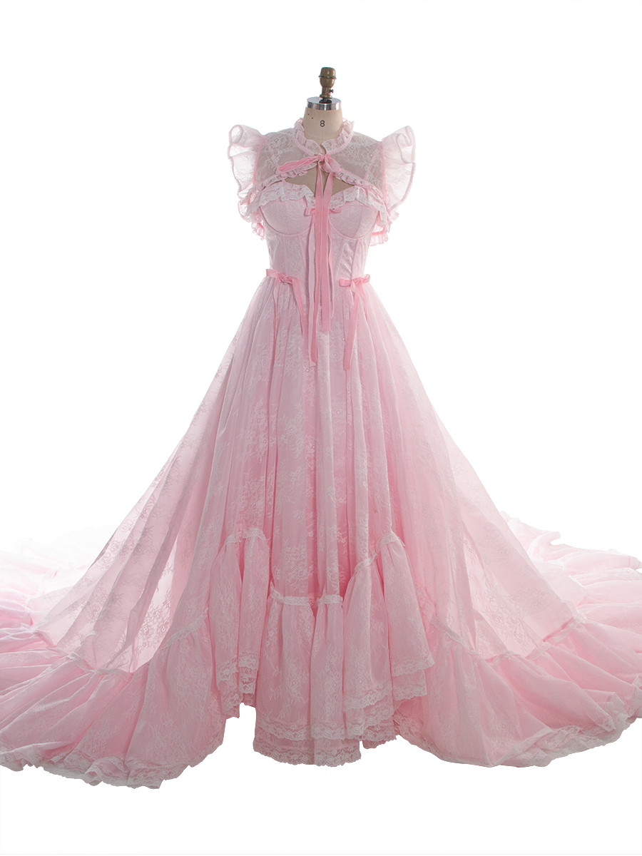 Pink Lace Princess Dress with Adjustable Train Elegant Fairytale Ball Gown YW260240