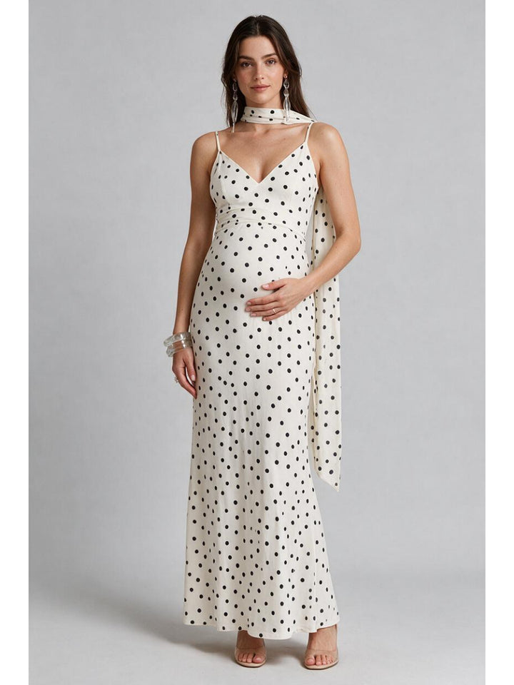 Ivory Polka Dot Milk Silk Maternity Dress For Baby Shower & Vacation YD260835