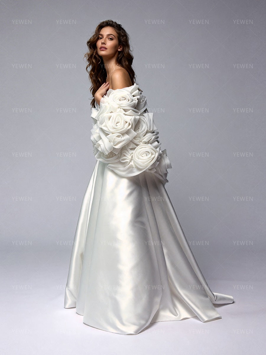 Luxury Wedding Dress with 3D Rose Flowers Cape Women Bridal Gown
