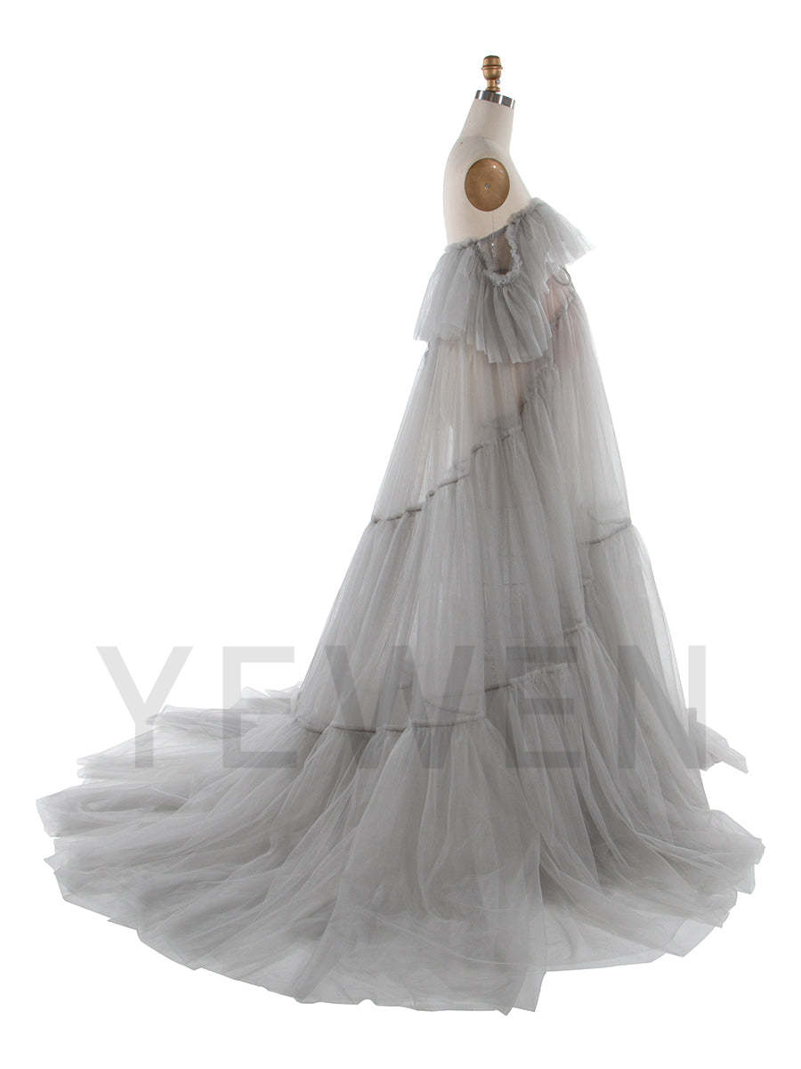 Sheer Tulle Maternity Dress with Ruffles for Photo Shoots Layered Tulle Maternity Robe Photography Dresses YW250004