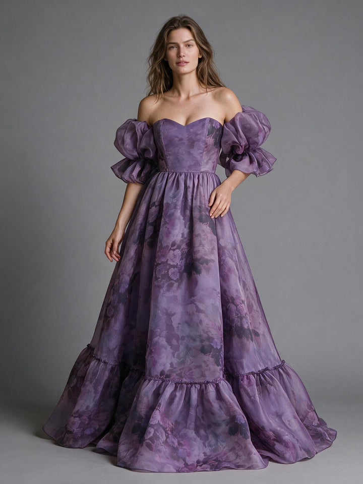 Floral Off-Shoulder Puff Sleeve Tiered Ruffle Princess Dress YW2610153