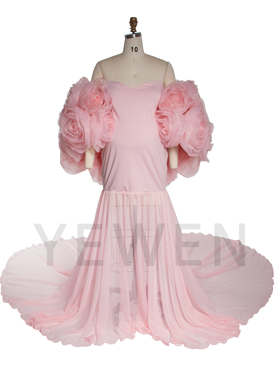 Gorgeous Mermaid Maternity Dress Photoshoot with 3D Floral Shawl Baby Shower Dress YW250040