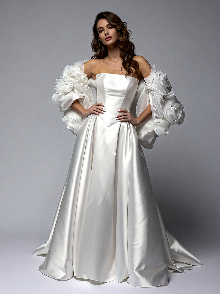 Luxury Wedding Dress with 3D Rose Flowers Cape Women Bridal Gown