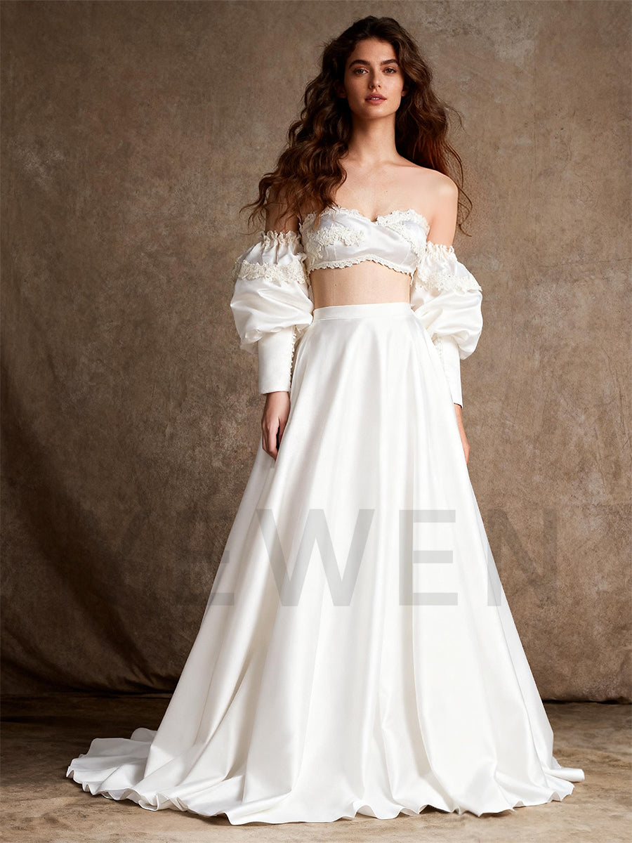 2 Piece White Wedding Set Boho Bridal Party Dress Vacation Dress for Photo Shoot YW250007