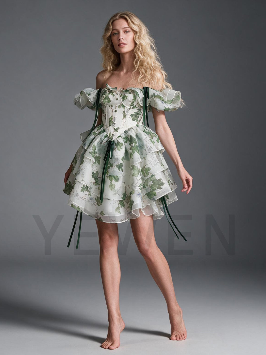 Green Leaf Print Off-Shoulder Puff Sleeve Princess Dress YW2609293