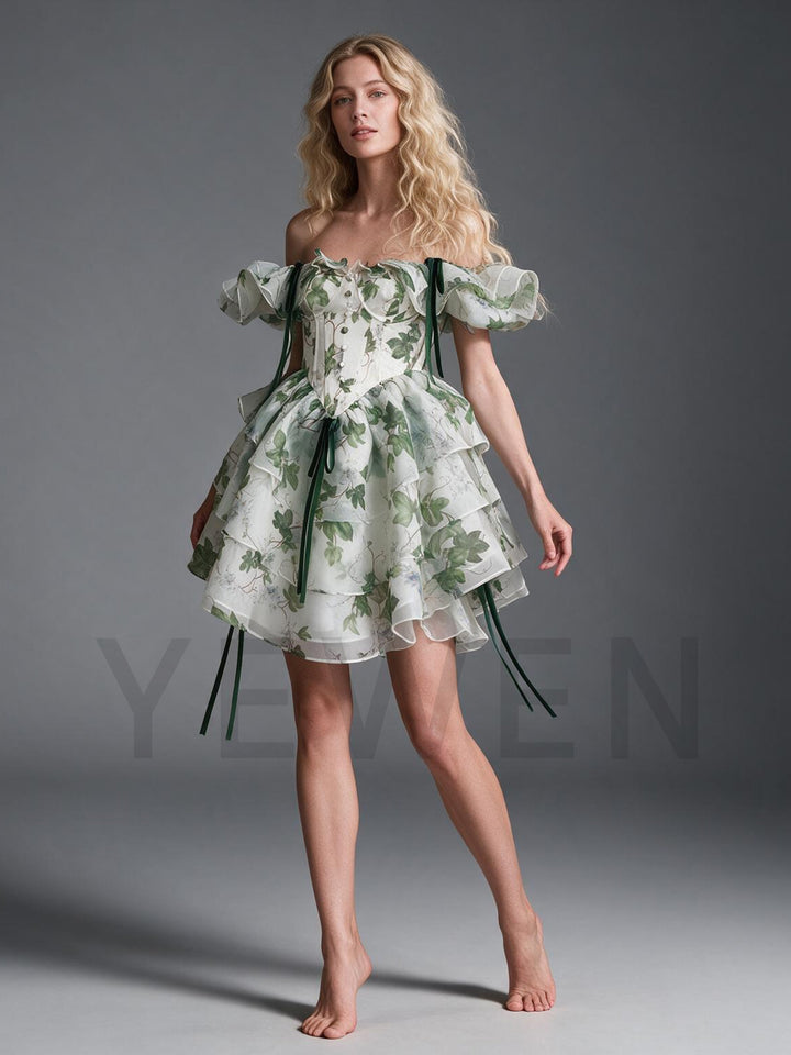 Green Leaf Print Off-Shoulder Puff Sleeve Princess Dress YW2609293