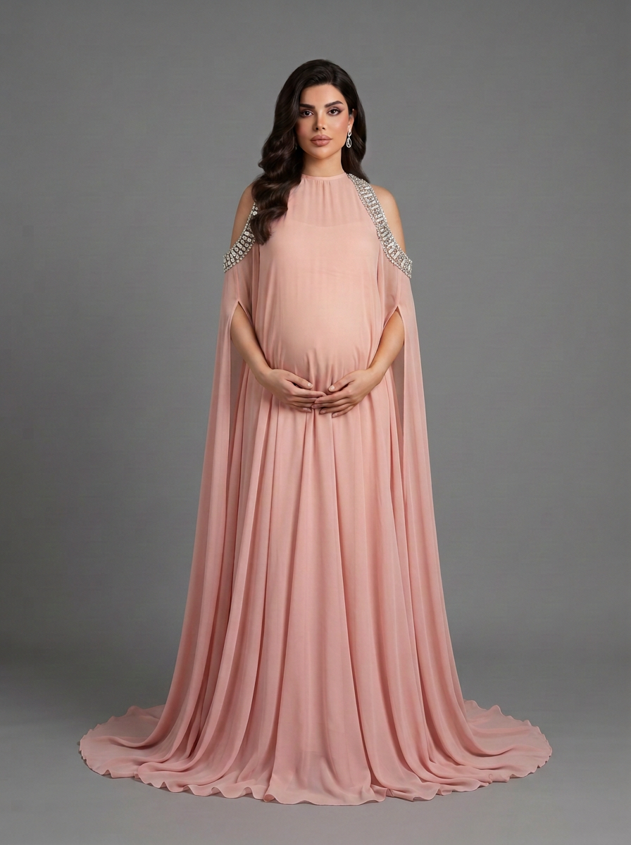Mock Neck Rhinestone Cape Sleeve Maternity Baby Shower Dress YD261010