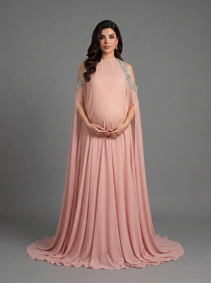 Mock Neck Rhinestone Cape Sleeve Maternity Baby Shower Dress YD261010