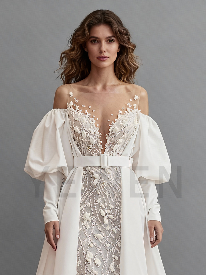 Fashion V Neck Mermaid Beads Wedding Dress Off Shoulder Long Sleeves Bridal Gown
