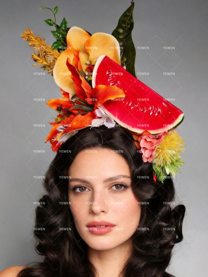 Hair Accessories Tropical Watercolor Floral Headpiece with Watermelon Slice Photoshoot Headdress for Bridal Showers YW2603143D