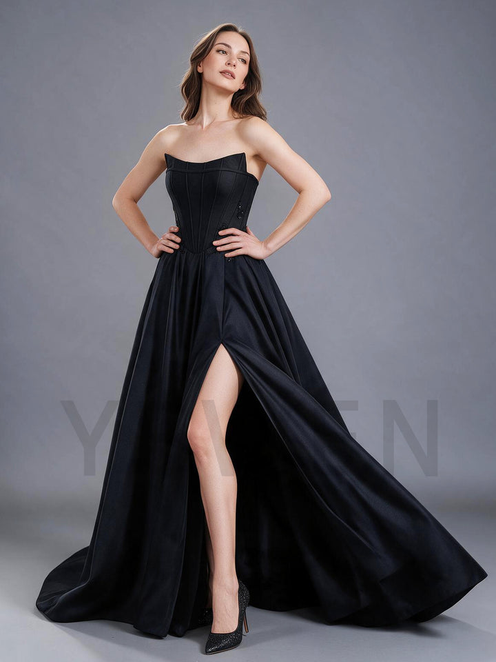 Black Bow High Slit Strapless Corset Satin Evening Gown YX26105