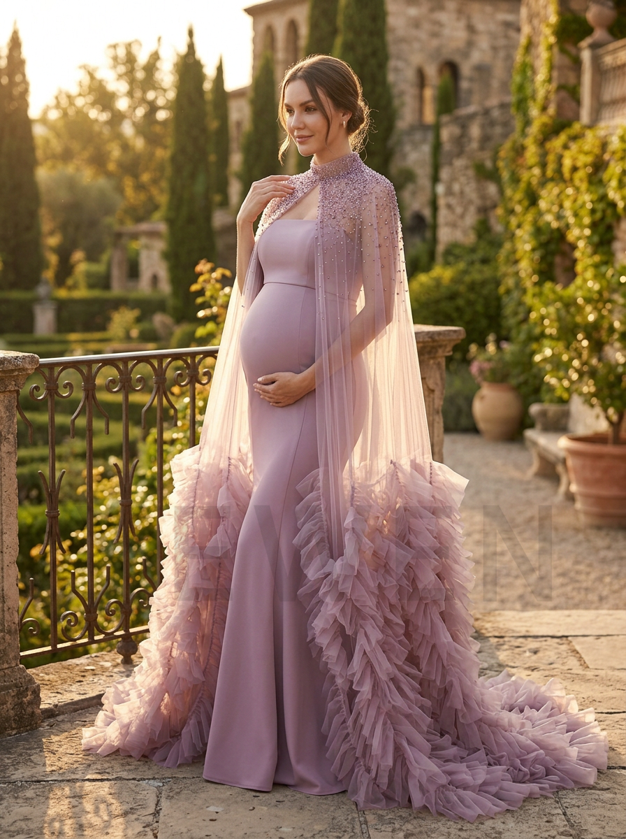 Dusty Pink Tulle Rose Cape Mermaid Maternity Baby Shower Gown YW260822