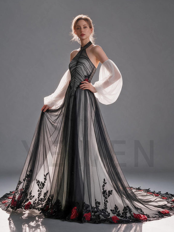 Halter Sheer Mesh Floral Evening Gown with White Tulle Sleeves YX26102