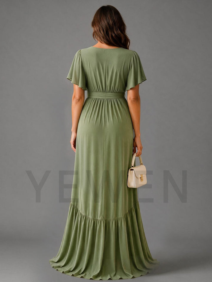 Olive Green High-Low Ruffle Hem Maternity Dress For Baby Shower