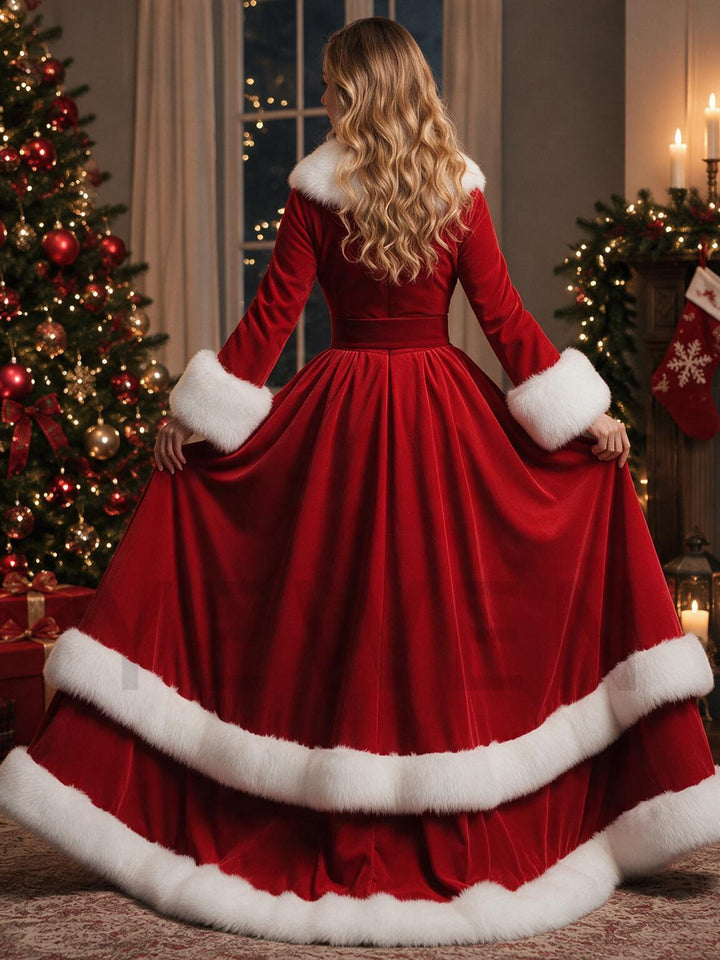Red Velvet Deep V-Neck White Fur Trim Christmas Gown