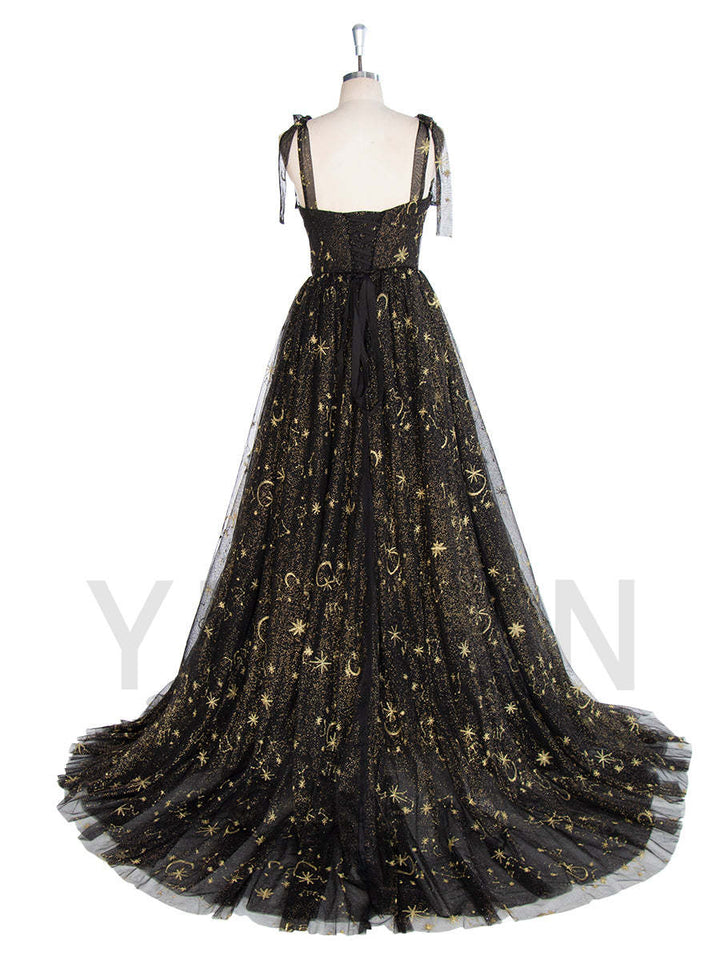 Black Tulle Embroidered Gold Stars Prom Dress High Leg Slit Party Gown W243137