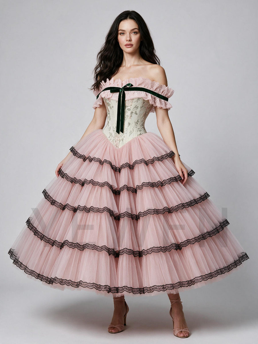 Pink Off-Shoulder Floral Princess Dress with Black Lace Trimmed Tiered Skirt WT268022