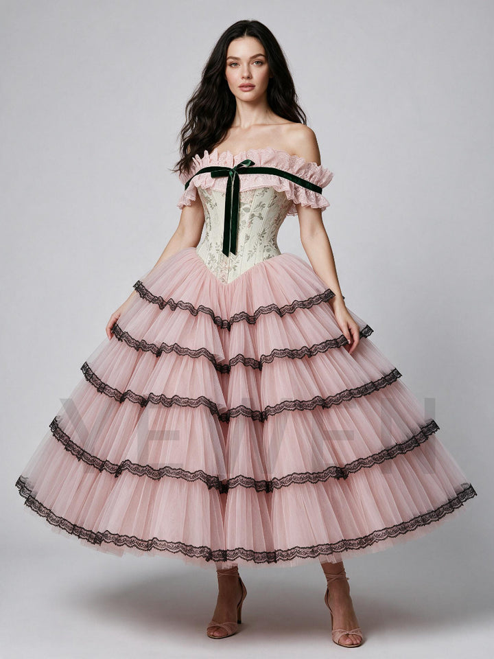 Pink Off-Shoulder Floral Princess Dress with Black Lace Trimmed Tiered Skirt WT268022