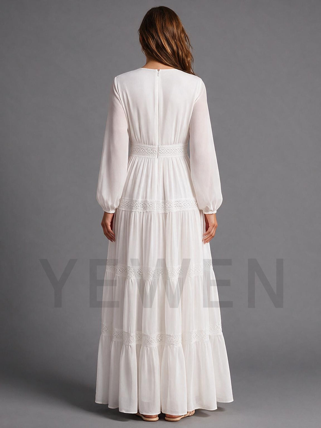Ivory V-Neck Long Sleeve High Waist Boho Wedding Dress with Lace Trim