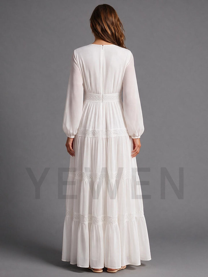 Ivory V-Neck Long Sleeve High Waist Boho Wedding Dress with Lace Trim