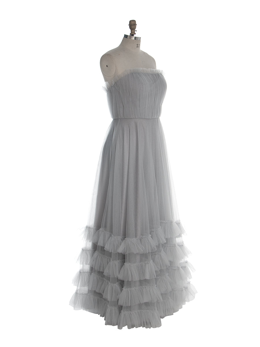 Grey Tulle Dress for Photoshoot Floor Length Ruffles Maxi Dress YW260267