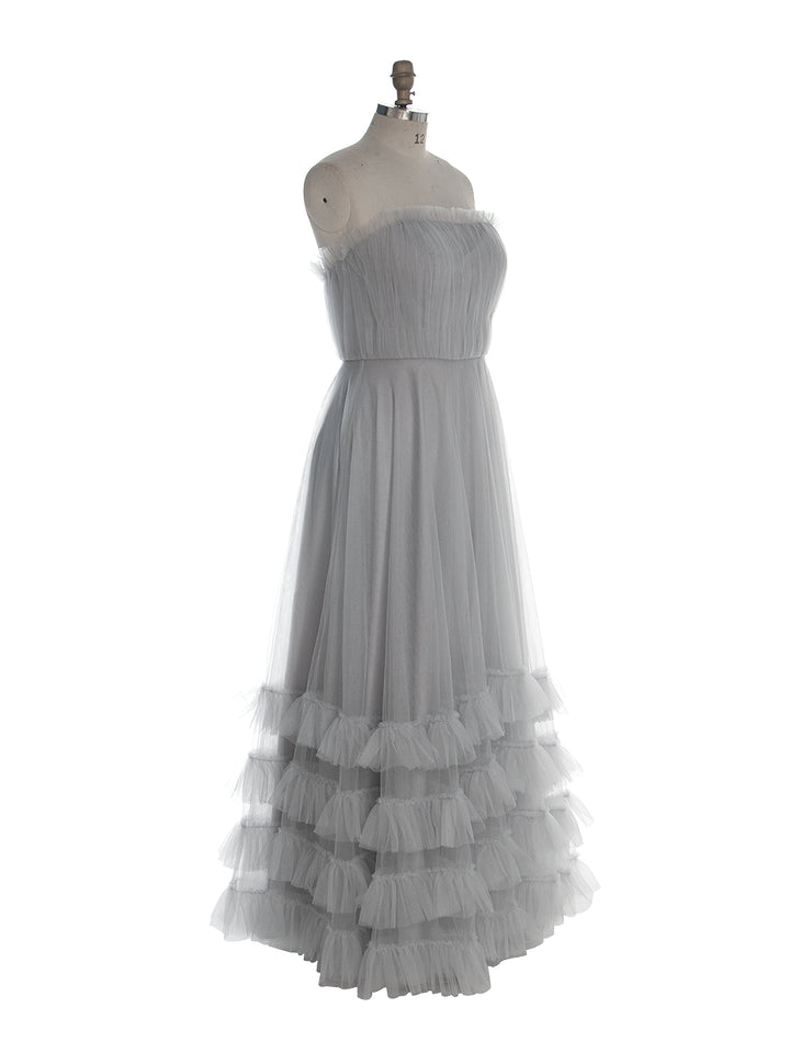 Grey Tulle Dress for Photoshoot Floor Length Ruffles Maxi Dress YW260267