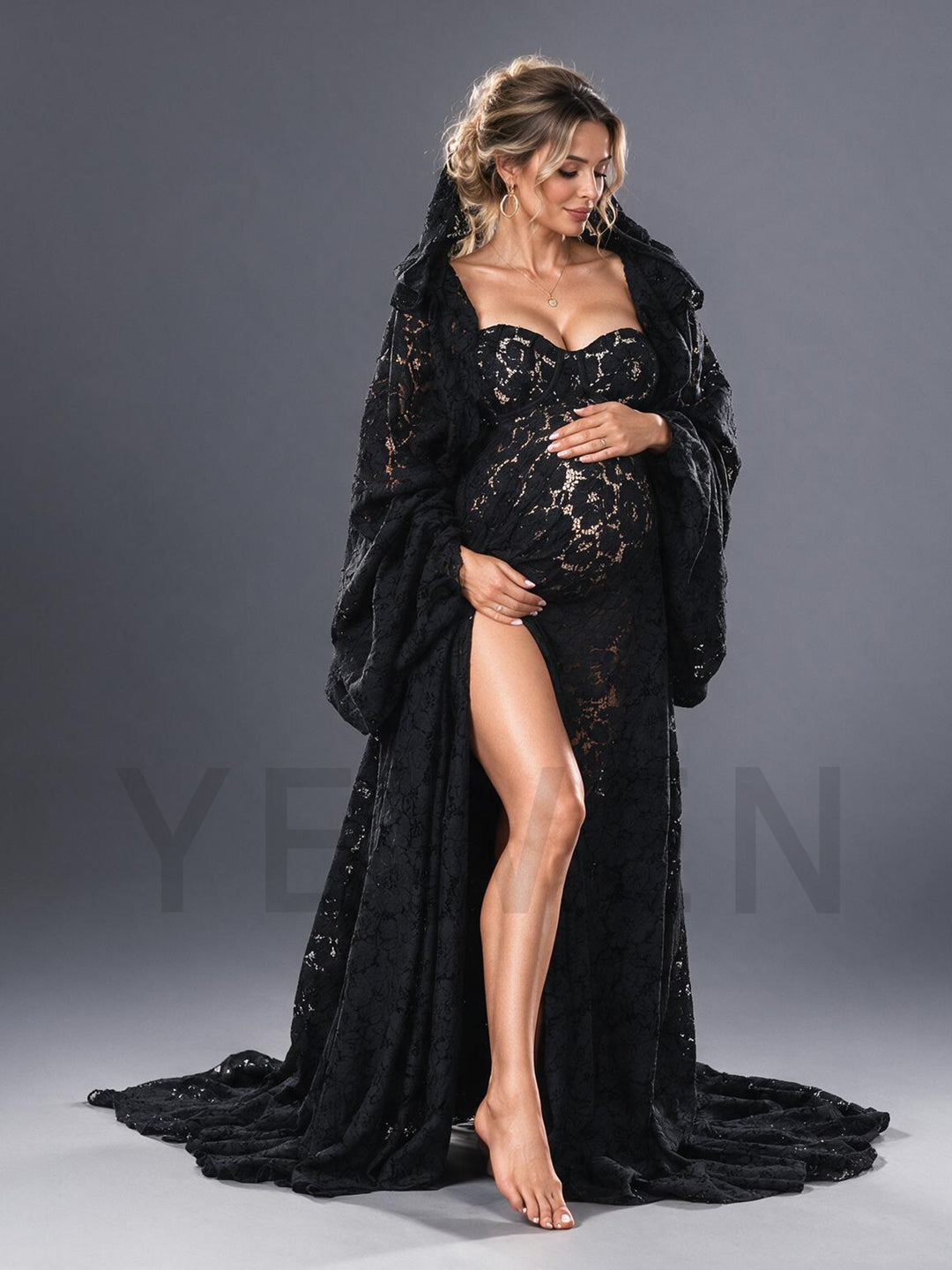 Sheer Lace High Slit Hooded Cape Maternity Photoshoot Gown YW2610193