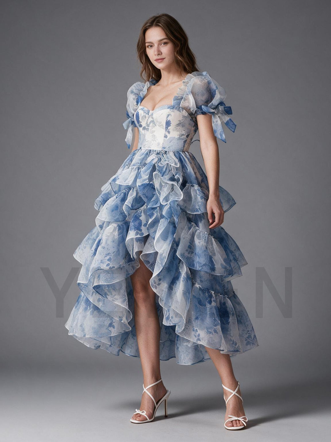 Blue Floral Puff Sleeve High-Low Tiered Ruffle Princess Gown YW2609292