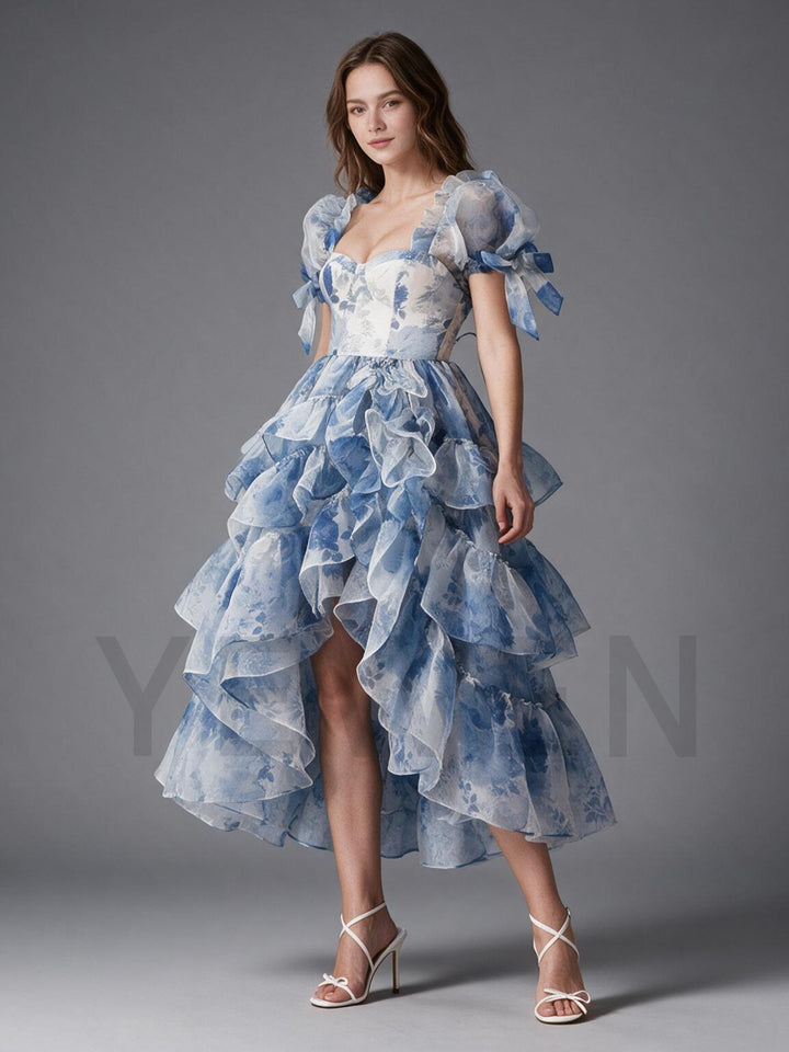Blue Floral Puff Sleeve High-Low Tiered Ruffle Princess Gown YW2609292