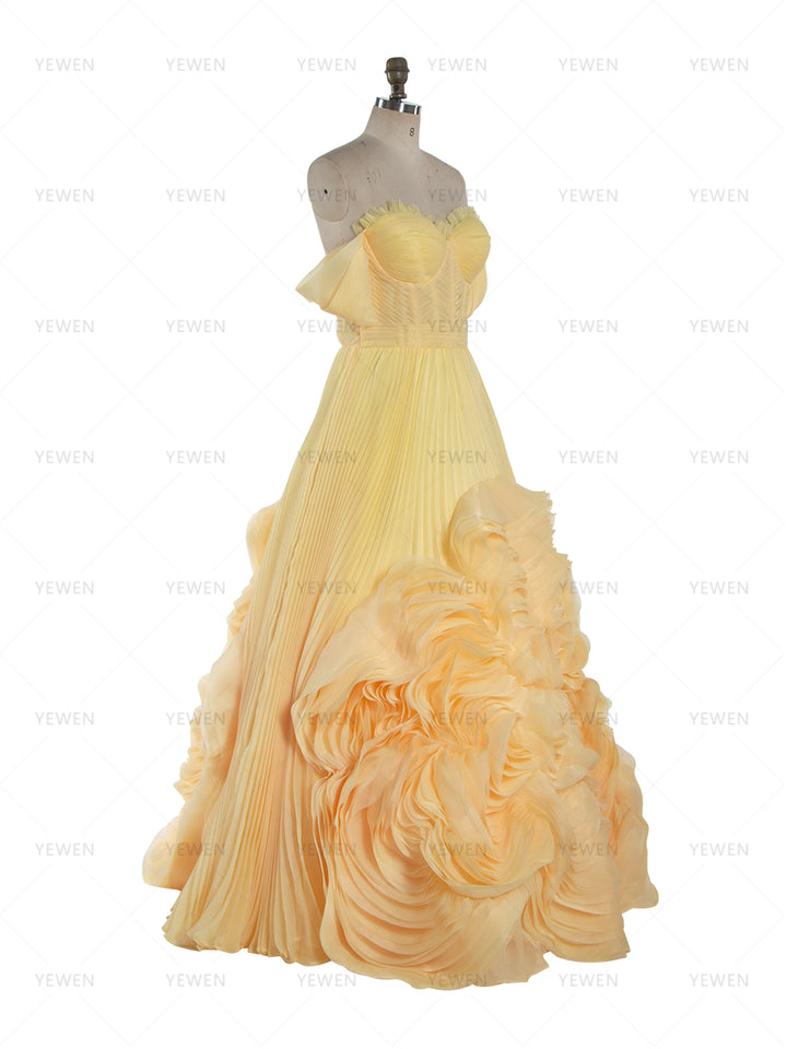 Modern Style Customized Yellow Ruched Long Formal Dress Strapless Evening Gown YW260273