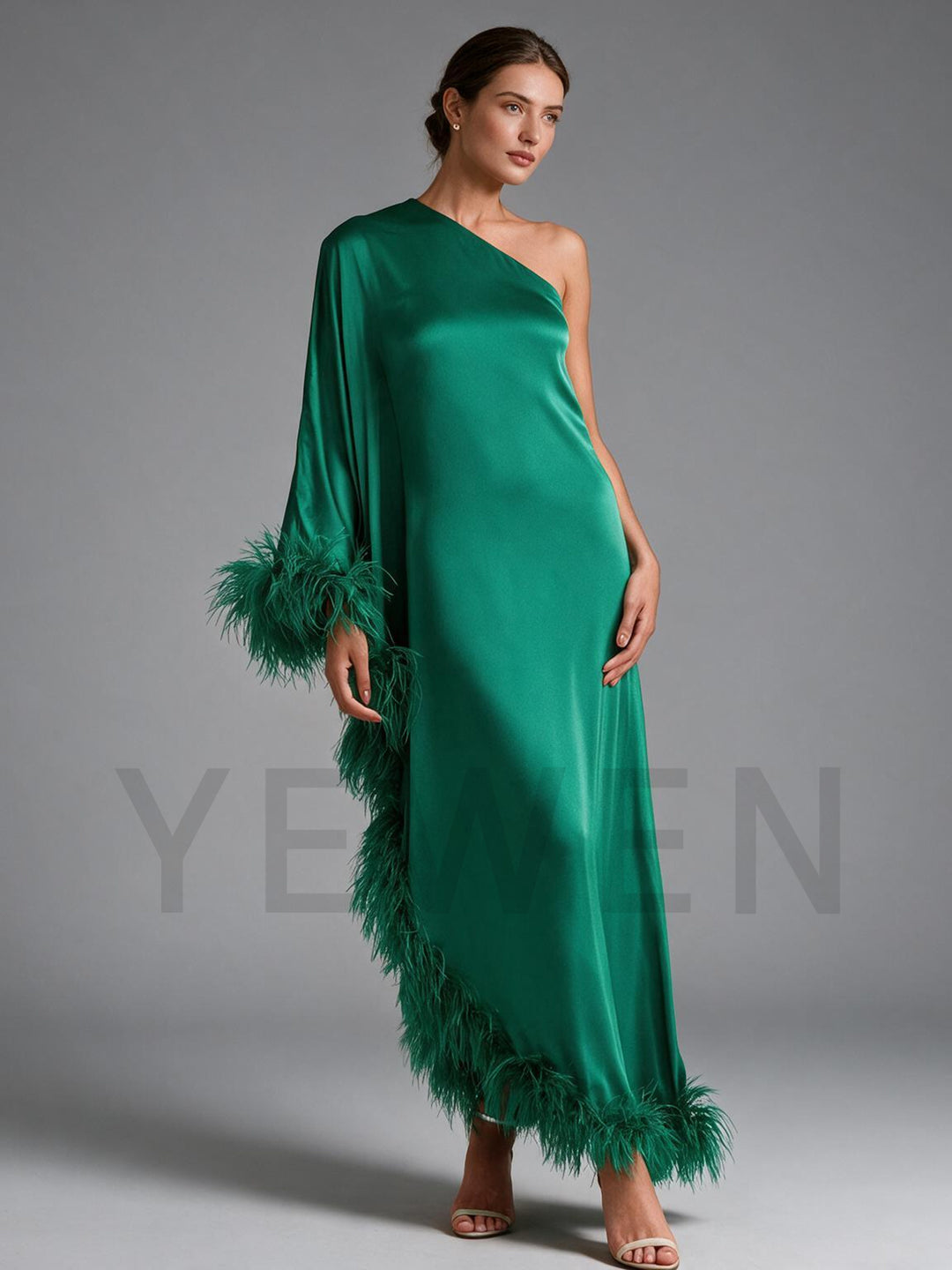 Green One-Shoulder Ostrich Feather Poncho Satin Evening Gown YW2610067