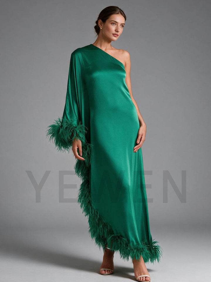 Green One-Shoulder Ostrich Feather Poncho Satin Evening Gown YW2610067