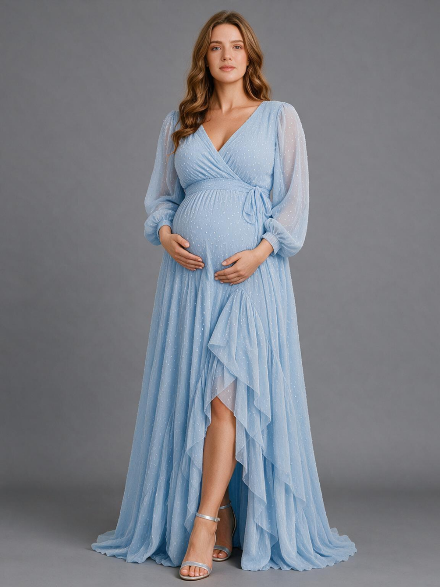 Blue Sheer Dot V-Neck Wrap Maternity Dress For Baby Shower