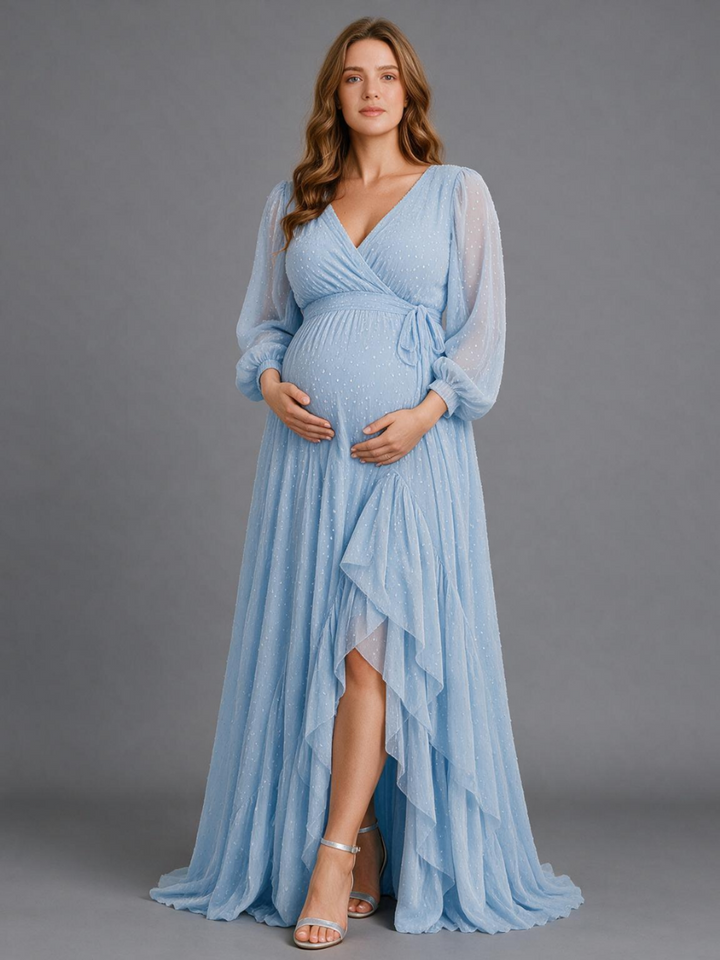 Blue Sheer Dot V-Neck Wrap Maternity Dress For Baby Shower