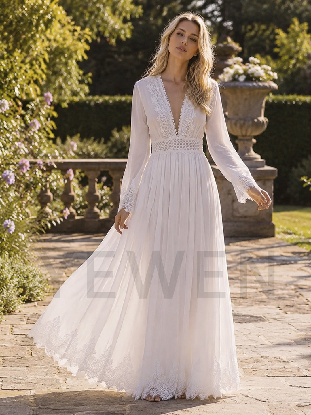 Ivory V-Neck Sheer Bell Sleeve Chiffon Lace Panel Boho Wedding Dress