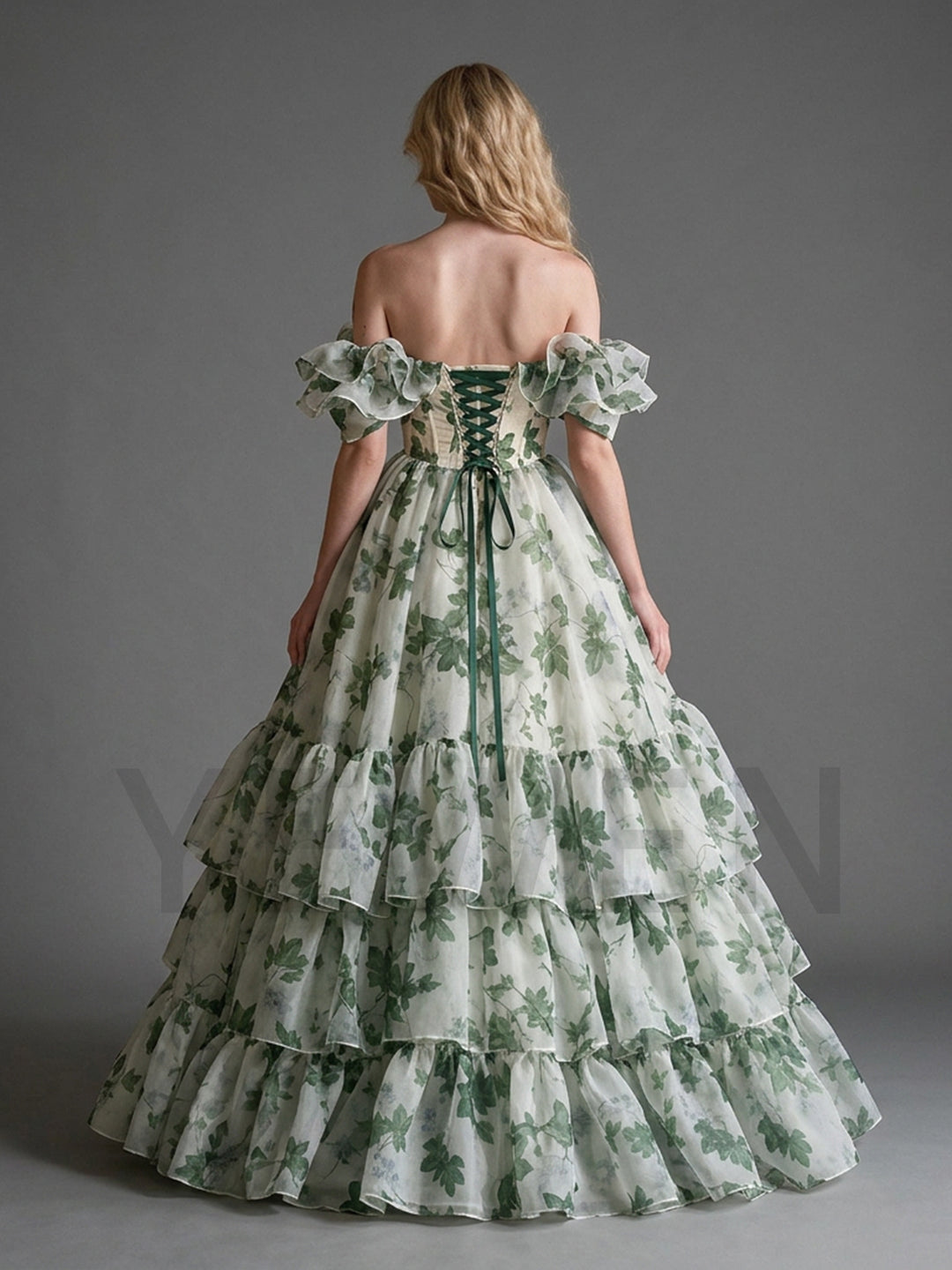 Leaf Print Off-Shoulder Ruffle Puff Sleeve Princess Dress YM260904