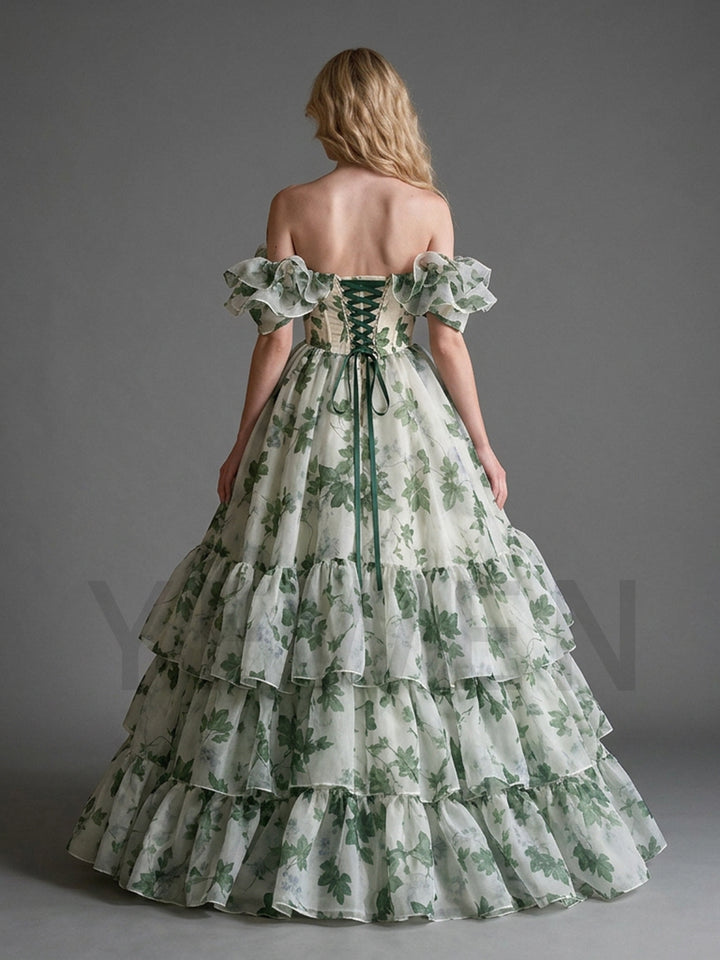 Leaf Print Off-Shoulder Ruffle Puff Sleeve Princess Dress YM260904
