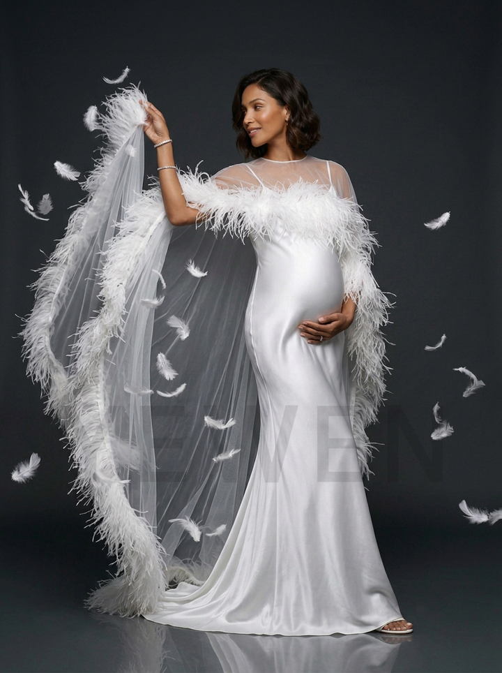 Luxury Ostrich Feather Maternity Cape Dress for Photo Shoot Baby Shower Gown YD260825