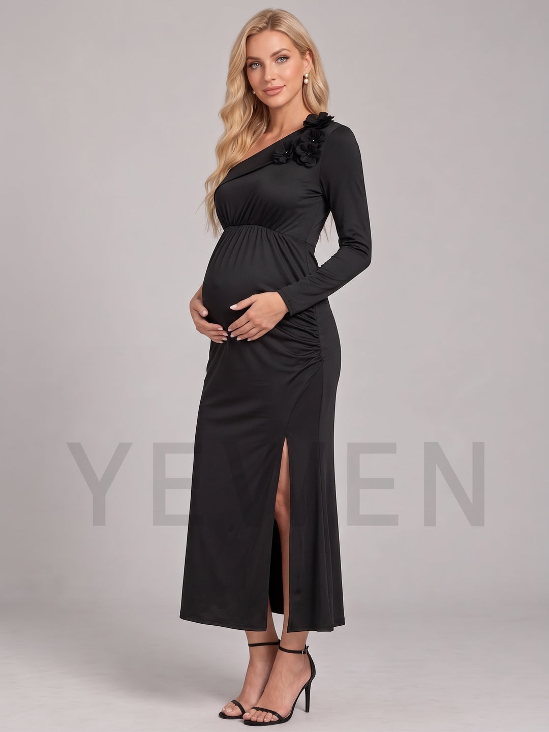 Black One-Shoulder 3D Floral Maternity Baby Shower Dress L-26937