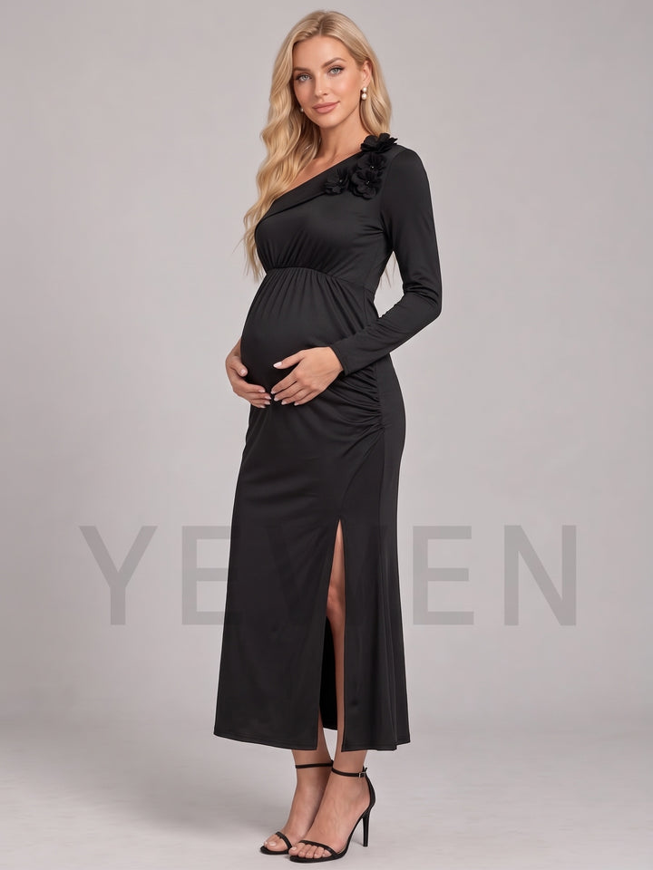 Black One-Shoulder 3D Floral Maternity Baby Shower Dress L-26937