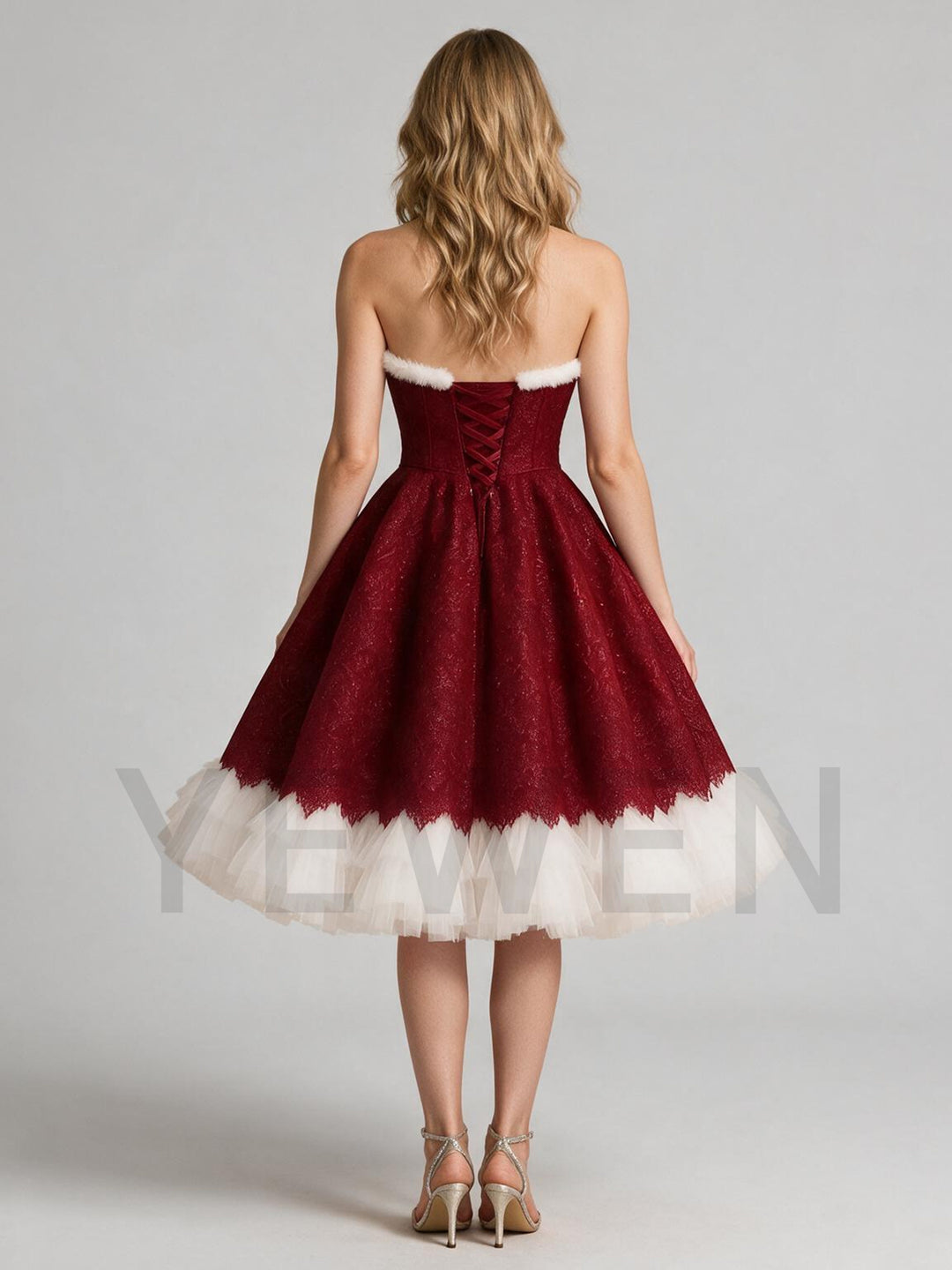 Red Strapless Fur Trim Sweetheart Christmas Dress