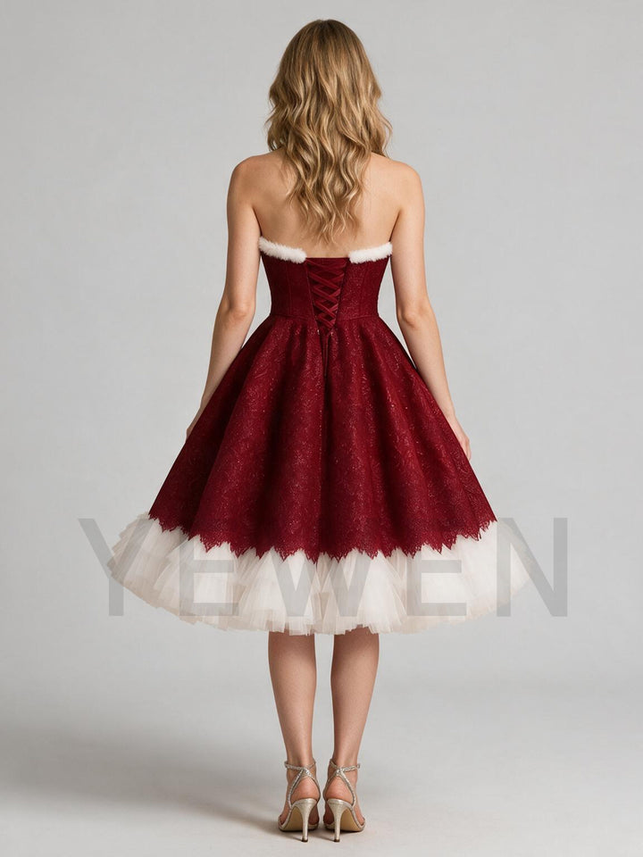 Red Strapless Fur Trim Sweetheart Christmas Dress