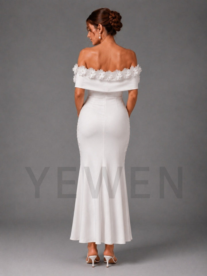 White Off-Shoulder 3D Floral Fitted Maternity Dress for Baby Shower L-26920