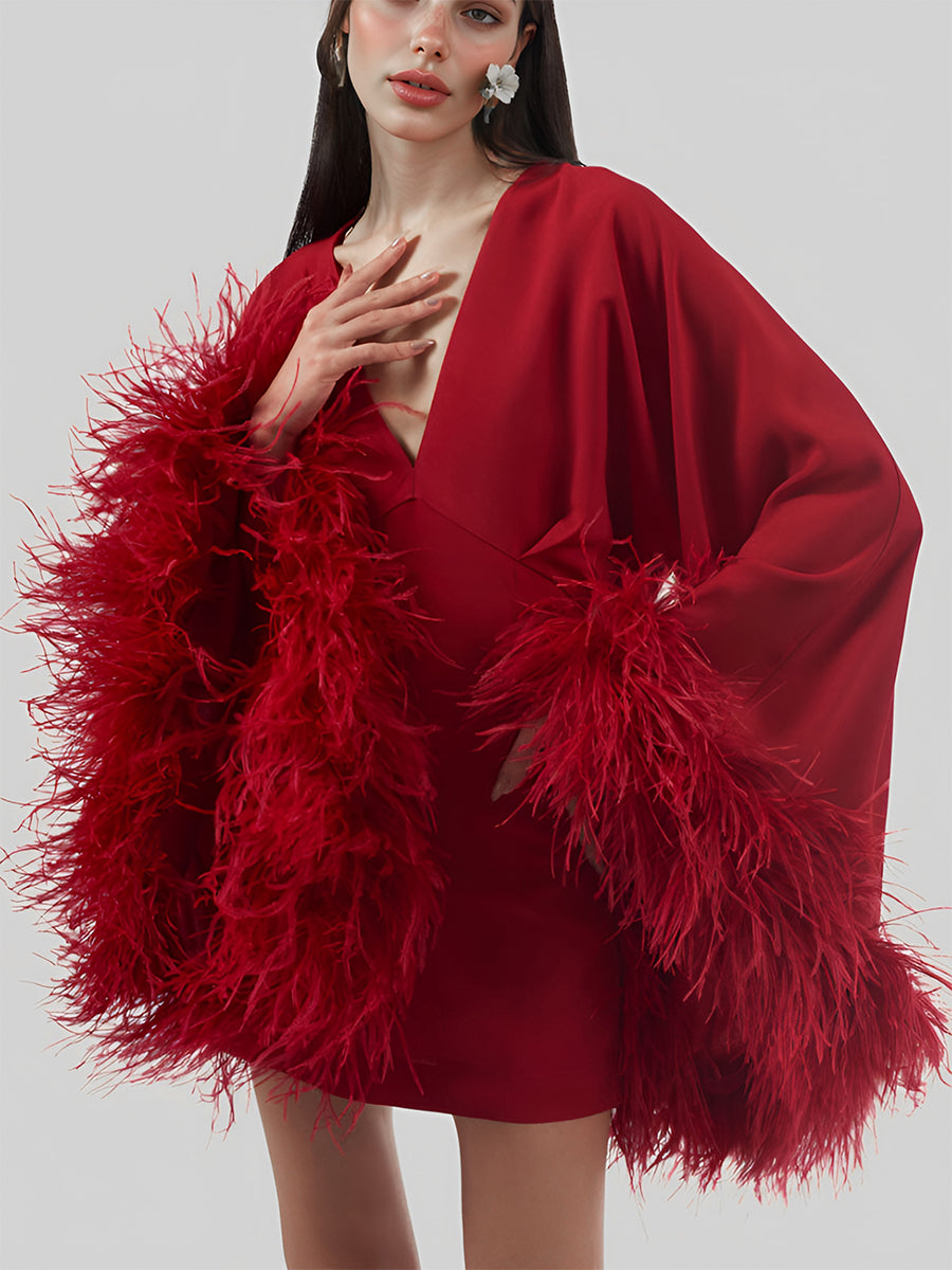 Women Sexy Double Deep V-Neck Long Sleeves With Feathers Mini Dress Gatsby Cocktail Club Party Dresses 14 / Burgundy