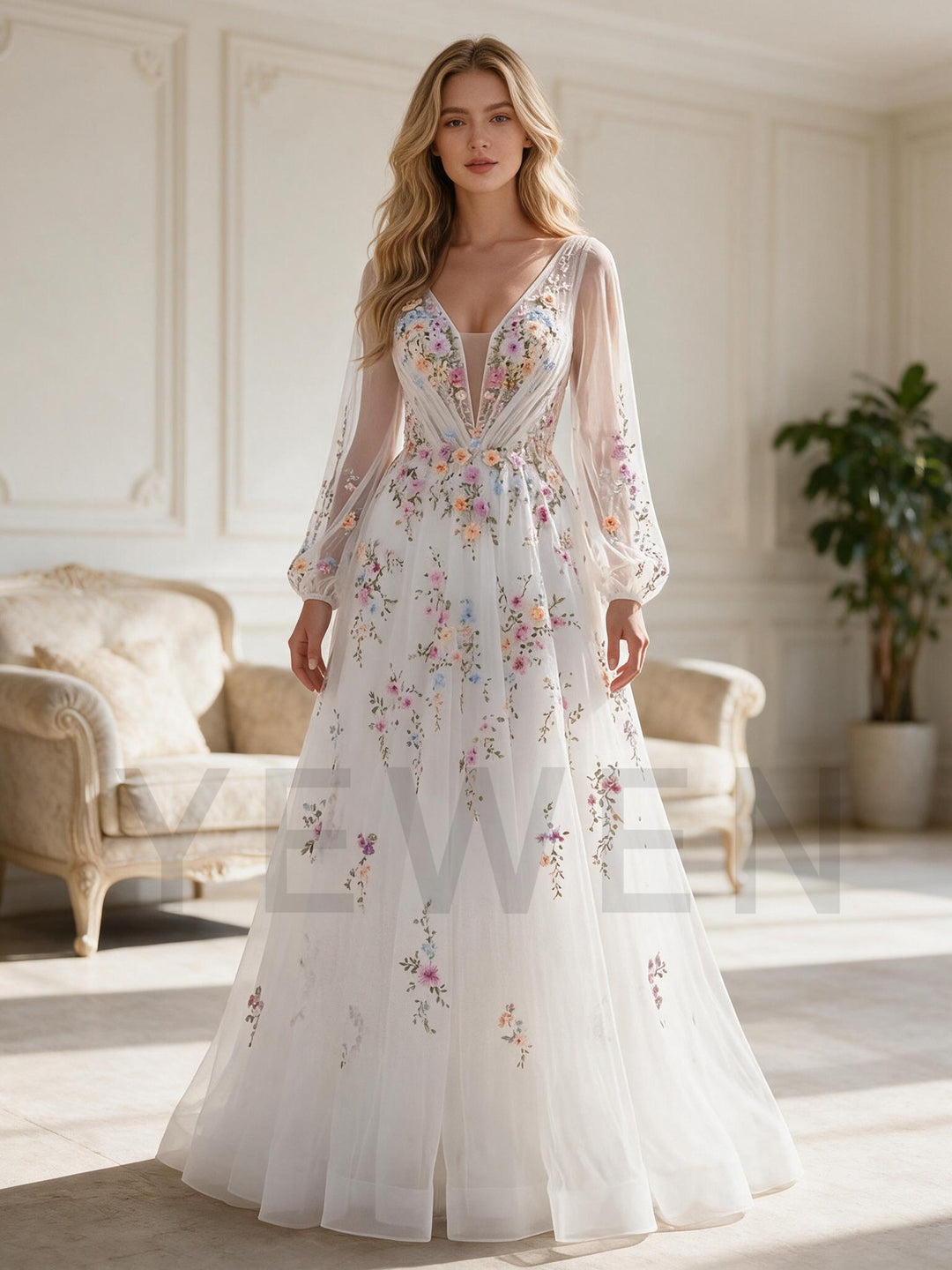 Ivory Deep V-Neck Floral Wedding Dress with Sheer Long Sleeves