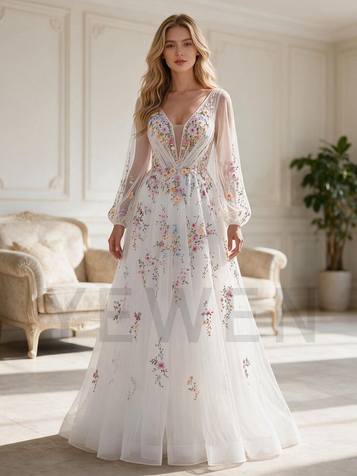 Ivory Deep V-Neck Floral Wedding Dress with Sheer Long Sleeves