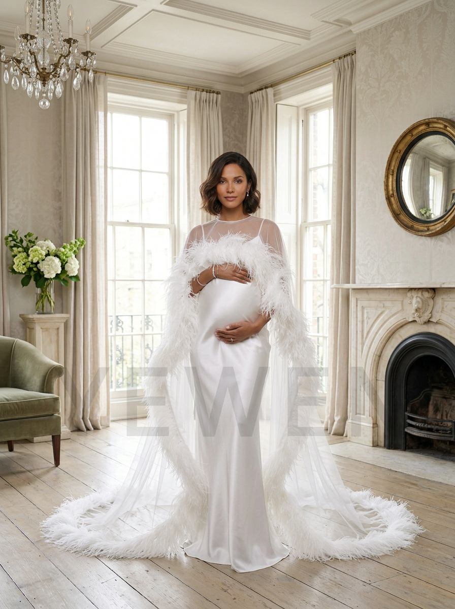 Luxury Ostrich Feather Maternity Cape Dress for Photo Shoot Baby Shower Gown YD260825