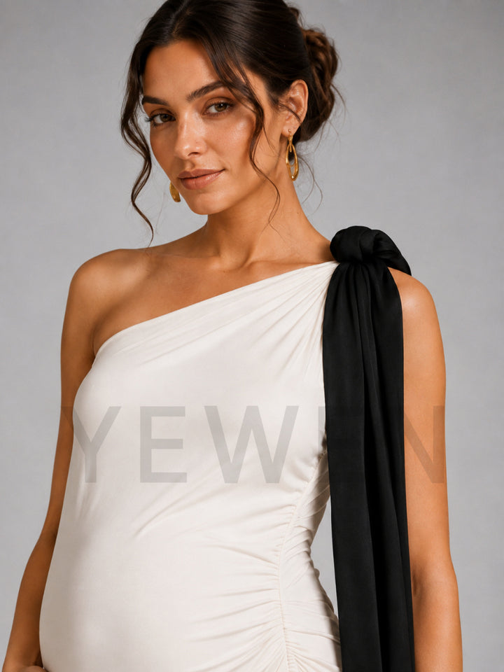 Ivory One-Shoulder Black Draped Sash Maternity Baby Shower Dress L-26930