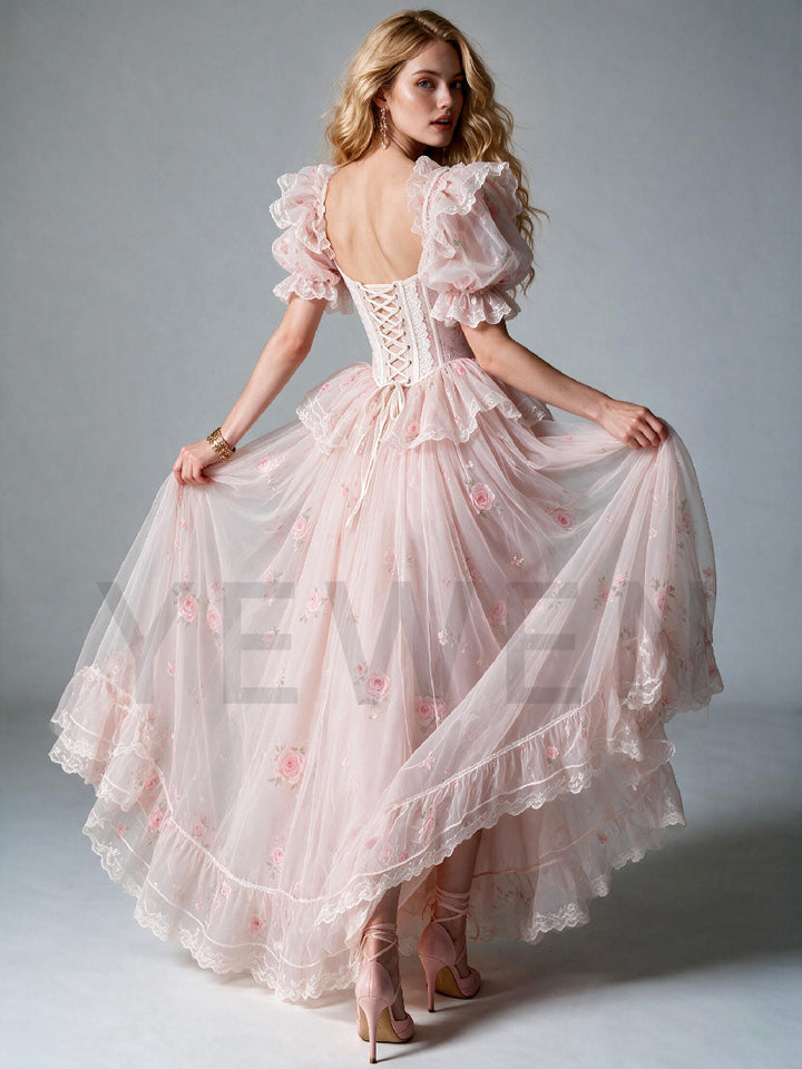 Pink Ruffle Puff Sleeve Princess Dress with High-Low Skirt WT269002